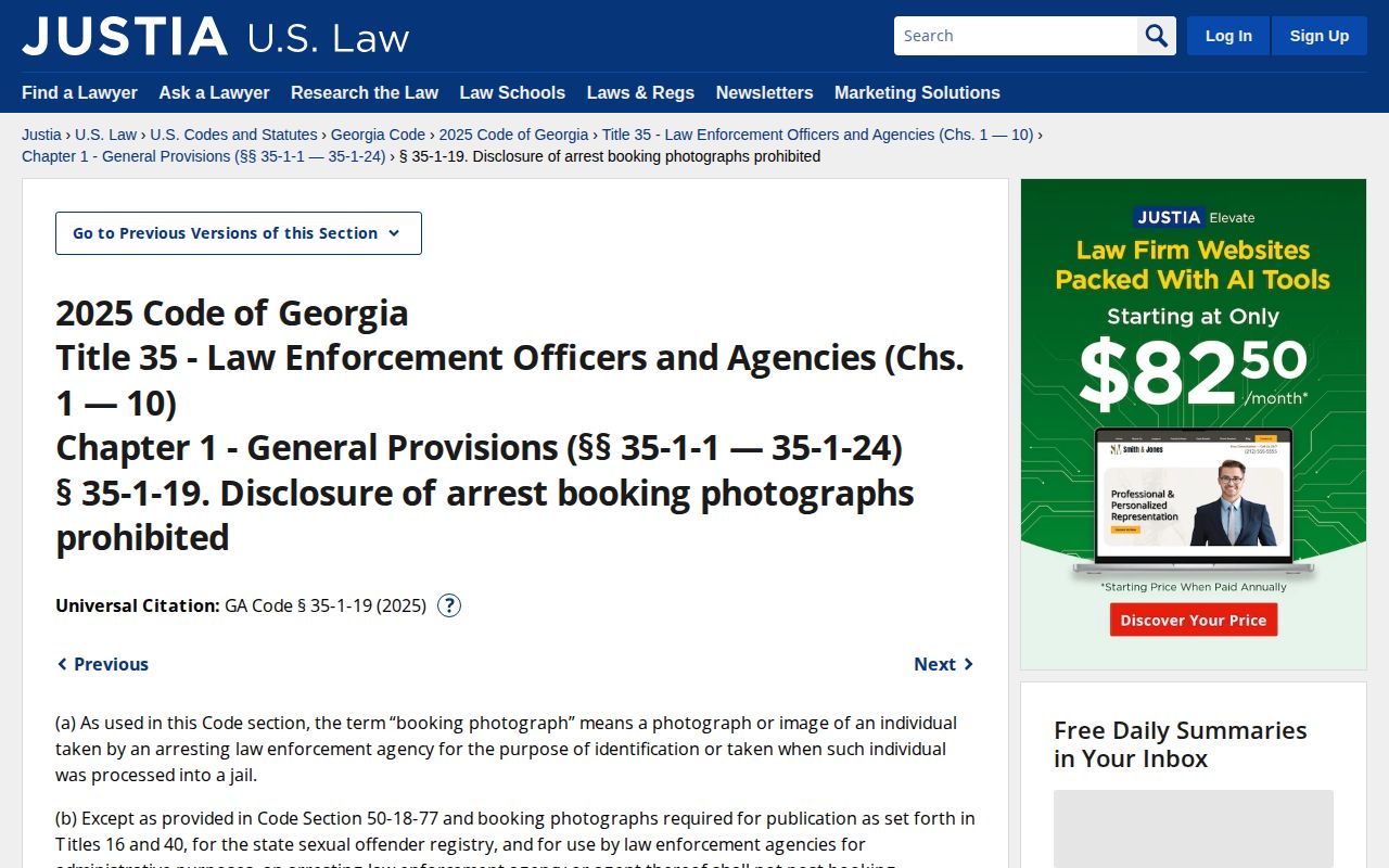 Georgia booking photograph disclosure statute page for Dawson County records