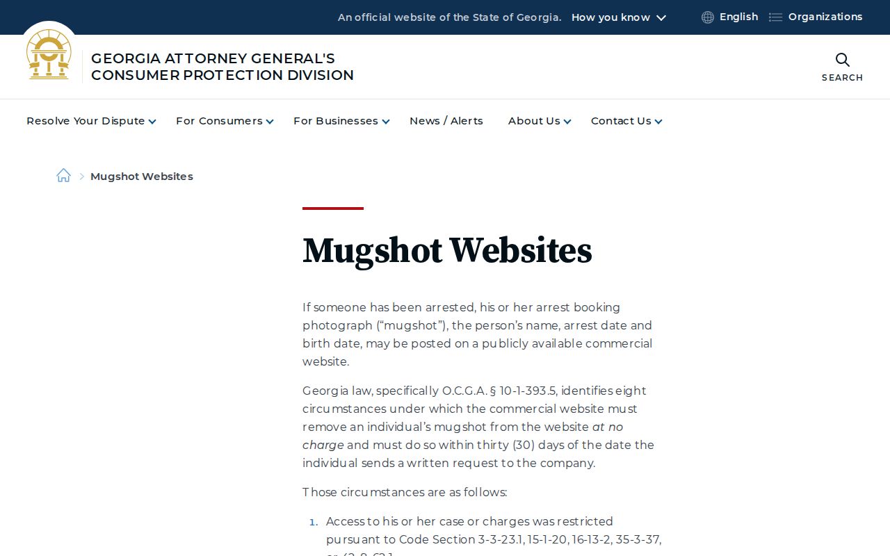 Georgia Attorney General mugshot website removal guidance for Dawson County records