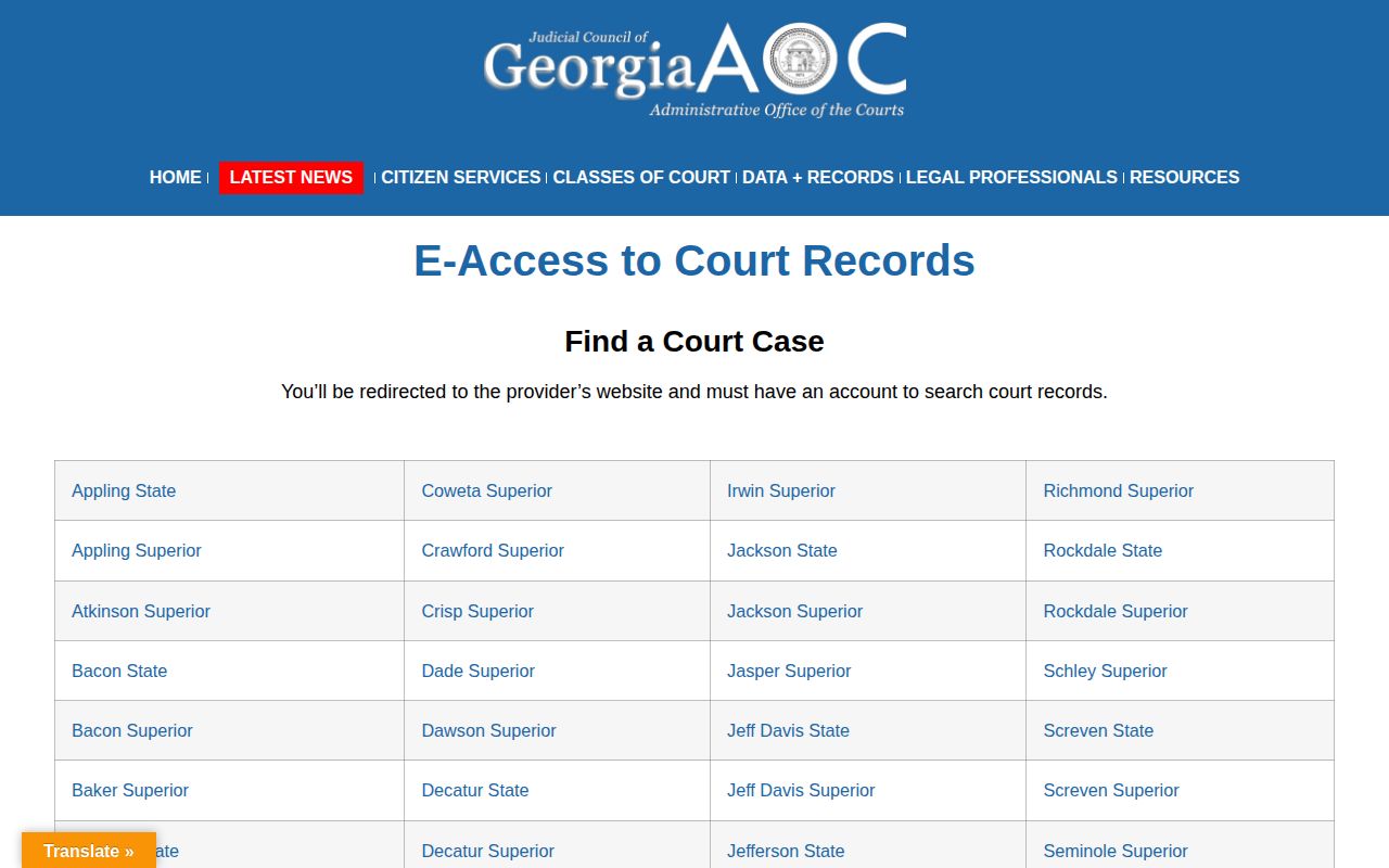 Georgia Courts e-access directory for Dawson County court records and dispositions