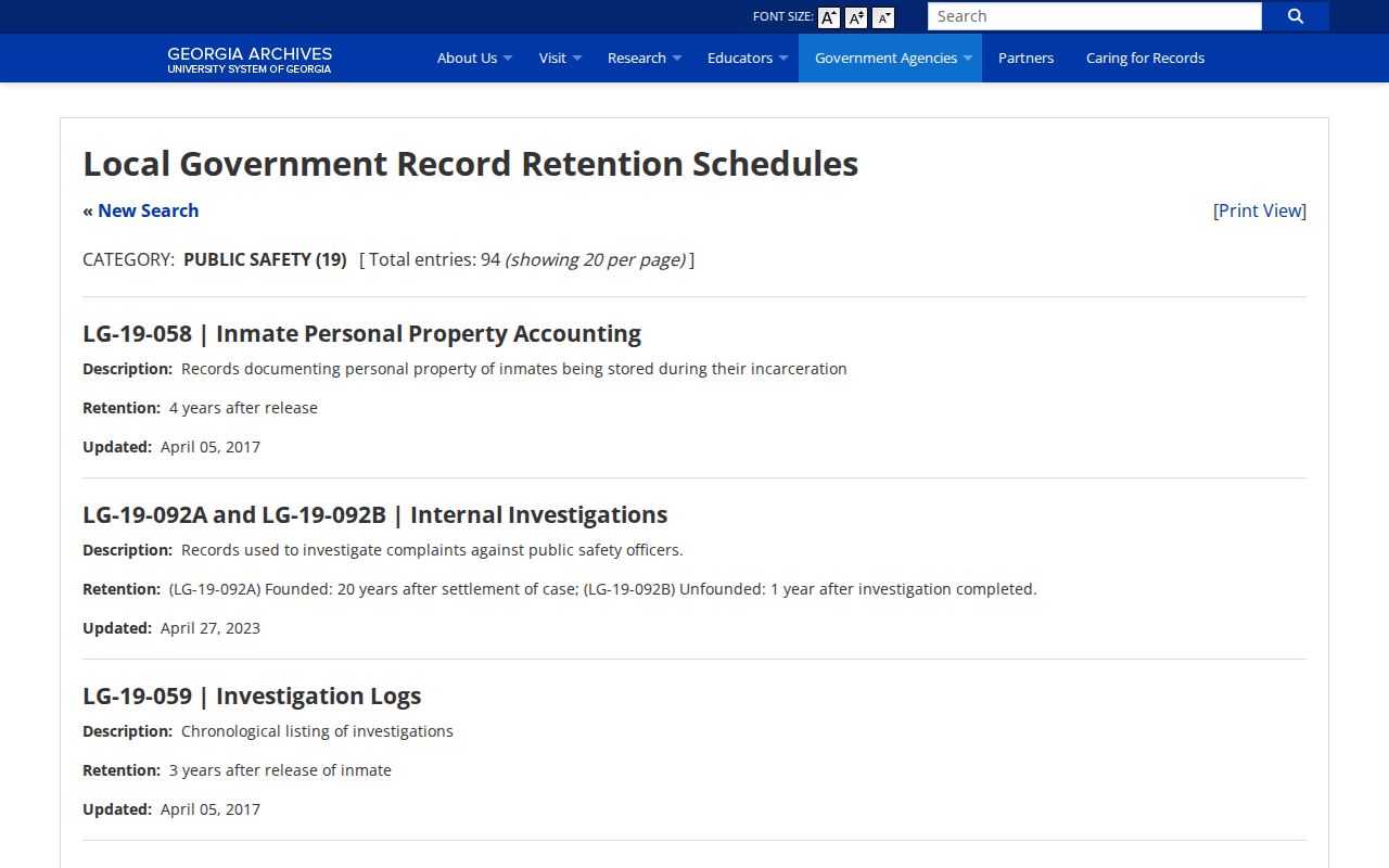 Georgia Archives jail booking retention schedule relevant to Dawson County records
